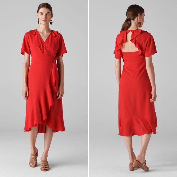 Whistles Abigail Frill Wrap Dress in Red Ruffles Back Cutout Midi Size 2 New - Picture 1 of 9